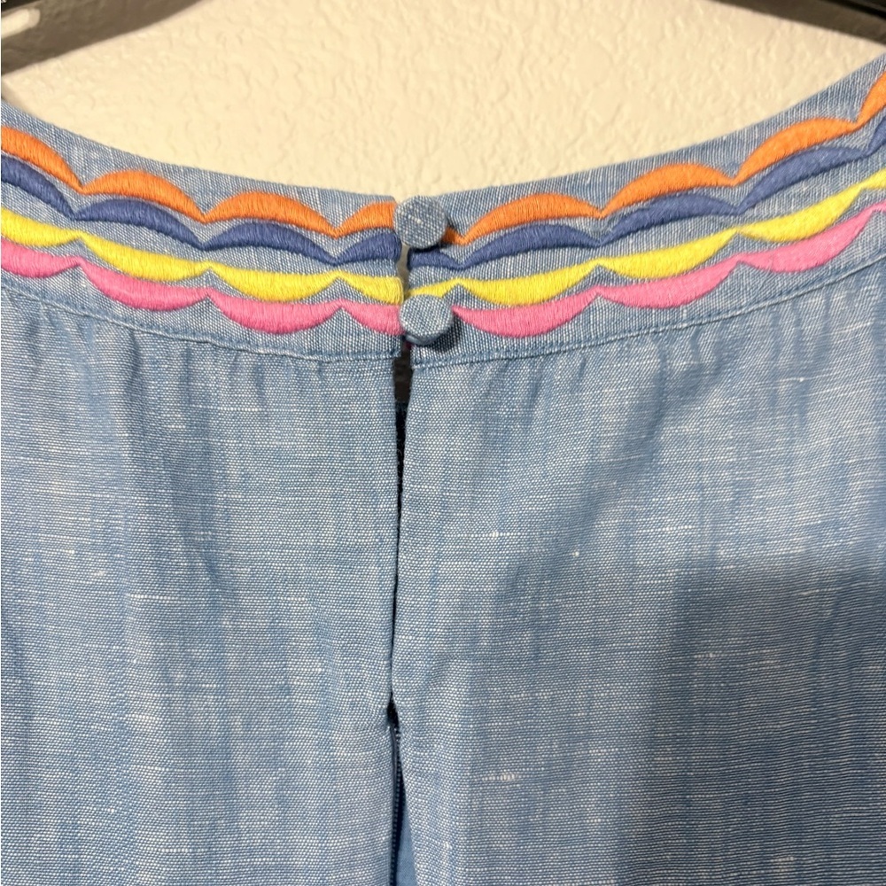 Talbots Chambray Colorful Scalloped Embroidery Shift Dress Sleeveless Back Zip - Picture 9 of 16